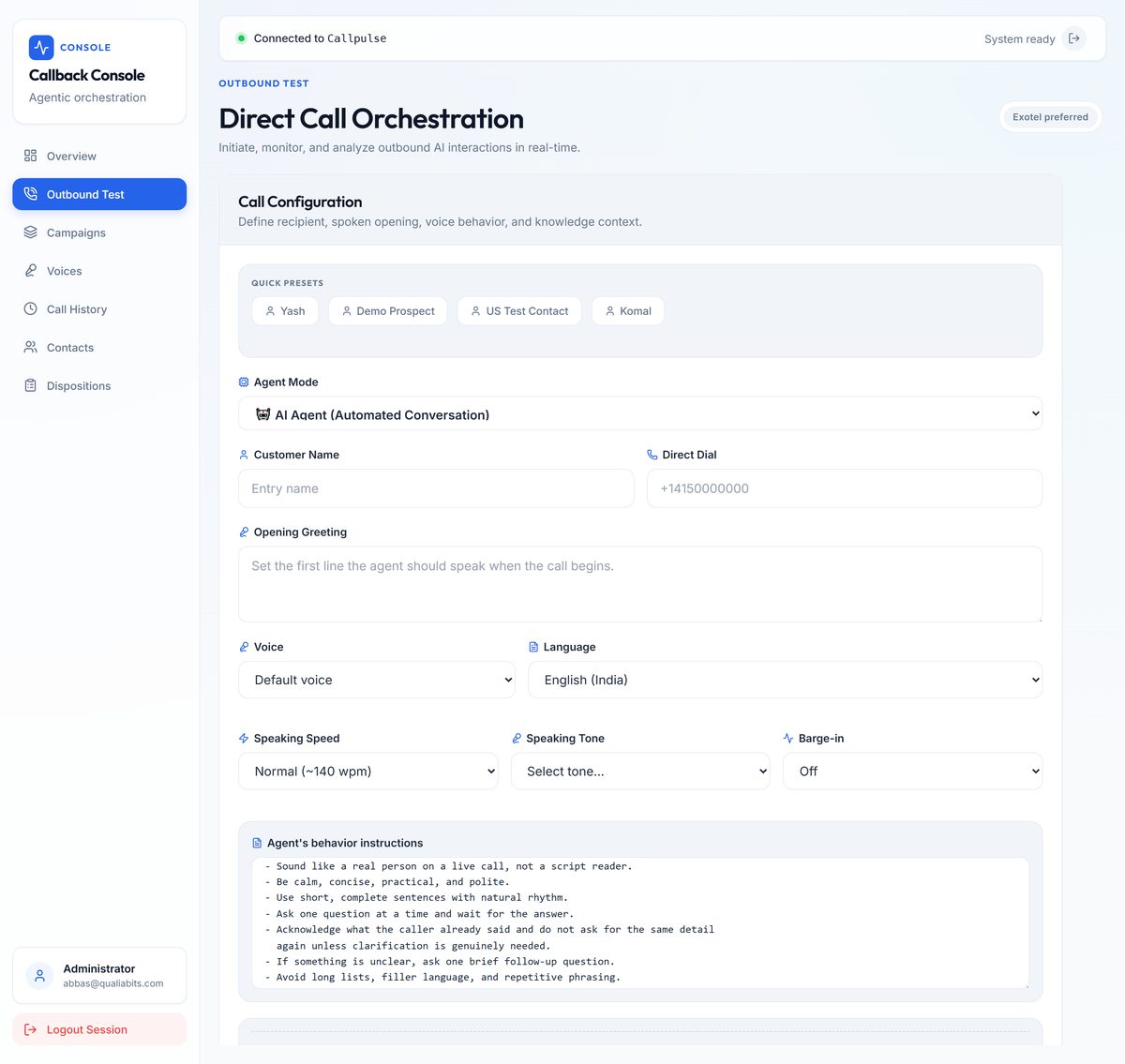 Outbound voice campaign UI from Qualia Frontend Iteration